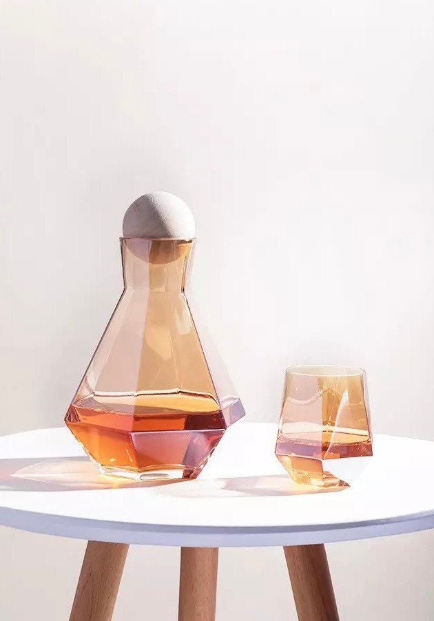 Amber Carafe Set, Whiskey Decanter, Whiskey Glasses, Glass Pitcher, Carafe Tray, Wood Ball Cork Stopper, Carafe & Glass Set, Gift Set