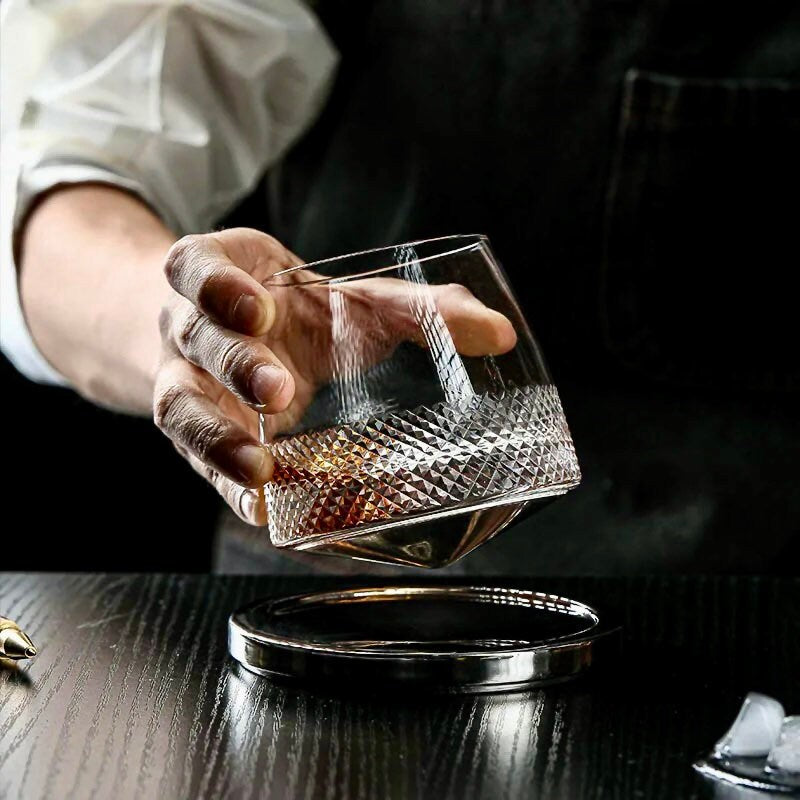 Rotating Whiskey Glass, Whiskey Glass Set with Coaster, Unique Scotch Glass, Minimalist Barware, Wedding Gift, Anniversary Gift, Father’s Day Gift