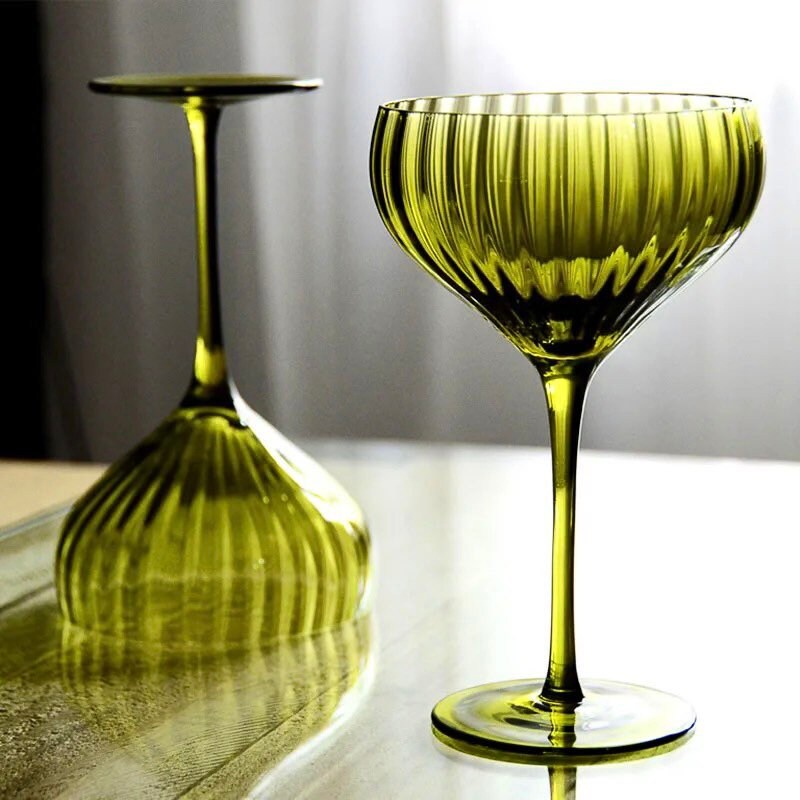Rippled Coupe Glass, Olive Green Wine Glasses, Retro Style Barware, Vintage Style Wine Glass, Gifts For Her, Wedding, Anniversary