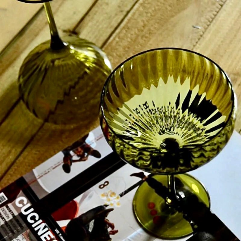 Rippled Coupe Glass, Olive Green Wine Glasses, Retro Style Barware, Vintage Style Wine Glass, Gifts For Her, Wedding, Anniversary