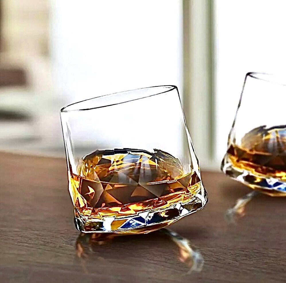 Diamond Whiskey Glasses, Whiskey Glass Set, Liquor Glass, Unique Rotating Glass, Cocktail Glasses, Barware Set, Gift Set