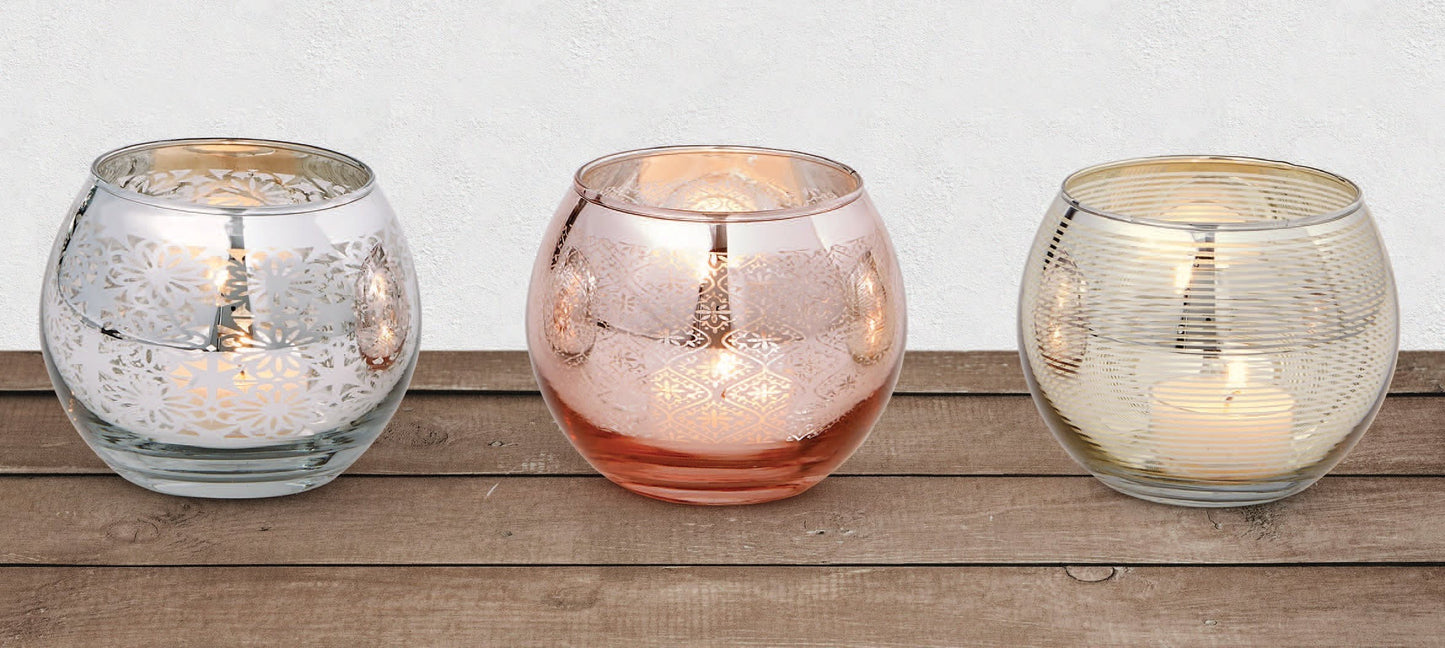 Rose Gold Candle Holders, Glass Candle Holders, Votive Candle Holder Set, Tea Light Holder Set, Luminous, Set of 3, 4” D