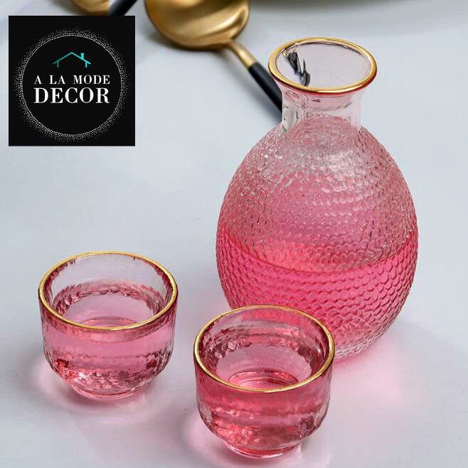Japanese Carafe Set, Glass Decanter Set, Wine Decanter with Glasses, Gold Trim Cocktail Glasses, Carafe and Glass Set, Sake Set