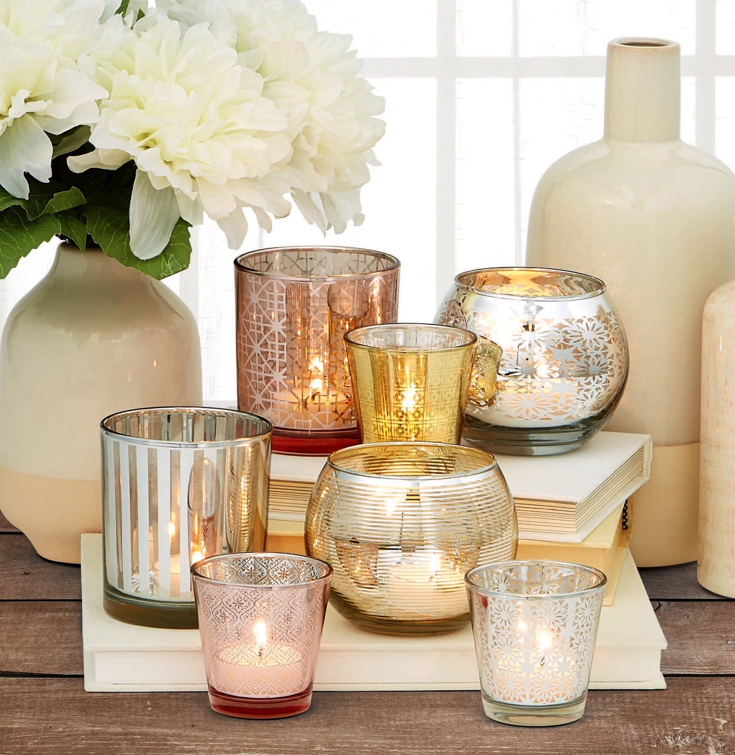 Gold Candle Holders, Glass Candle Holder, Votive Candle Holder Set, Tea Light Holder Set, Luminous, Set of 3, 4” D