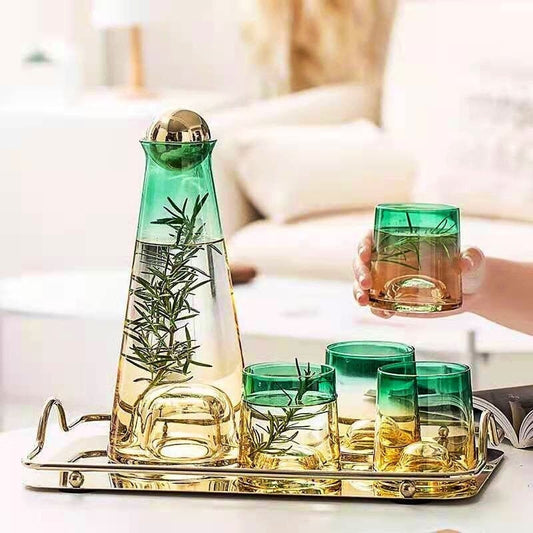 Amber Green Gradient Carafe, Carafe Set, Carafe and Stopper, Unique Barware Set, Cocktail Glasses, Carafe Tray, Ball Stopper, Carafe and Glass Set