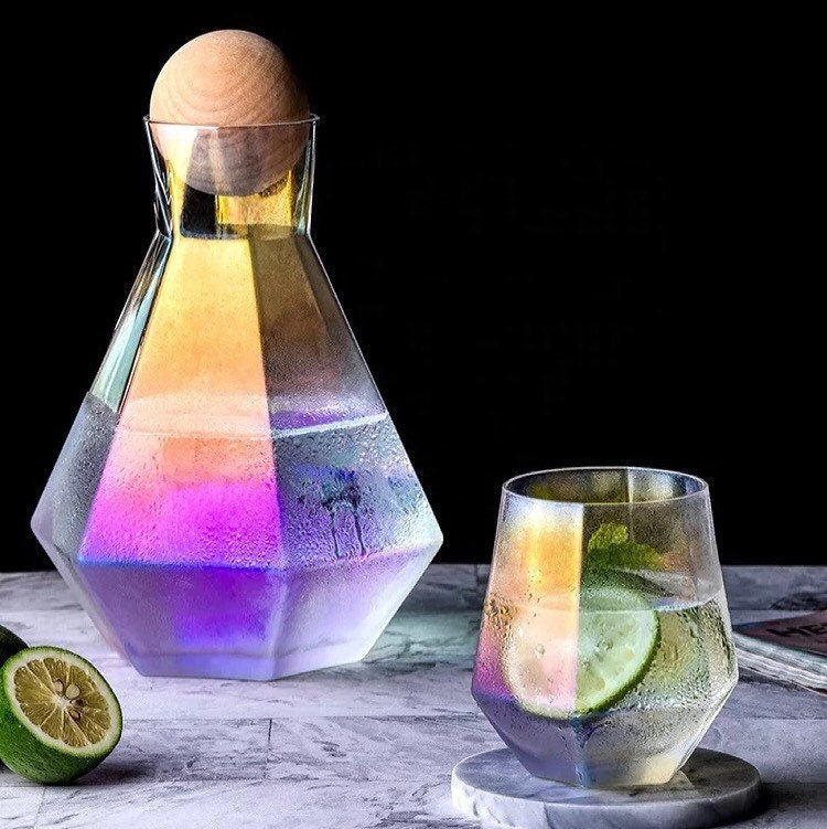Rainbow Carafe, Carafe Set, Wine Decanter, Decanter Set, Geometric Juice Pitcher, Glasses, Tray, Wood Ball Cork Stopper, Carafe & Glass Set