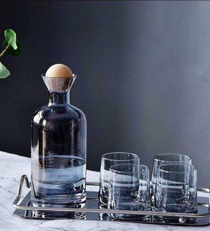 Blue Grey Barware Set, Decanter Set, Carafe, Glass Pitcher, 4 Glasses, Tray, Wood Ball Stopper, Carafe and Glass Set, Gifts