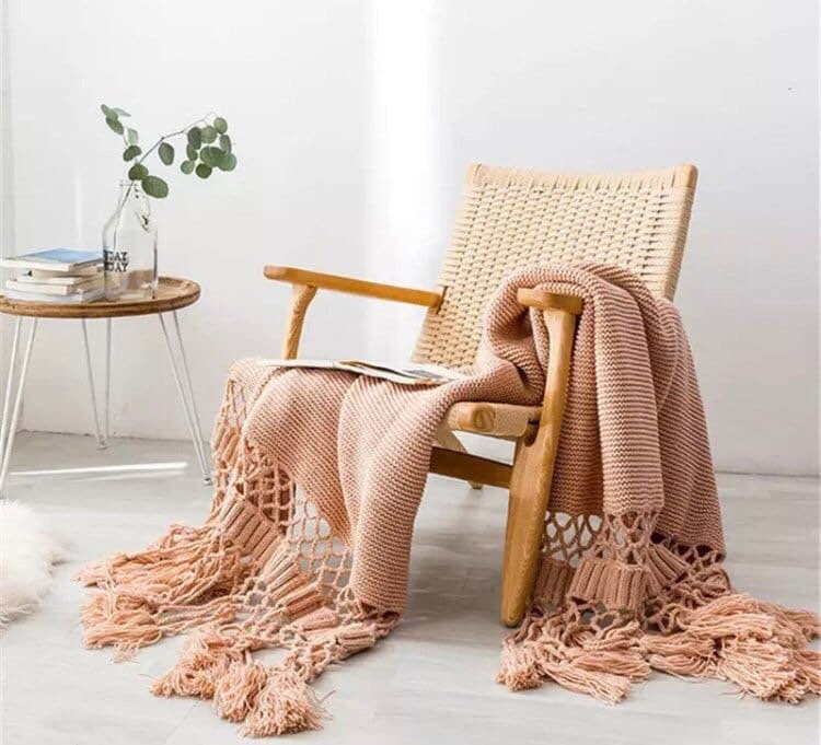 Pink Throw Blanket, Chunky Knit Throw Blanket, Throw Blanket with Tassels, Green, Grey, White, Snug Knit, 50 x 60 Inch