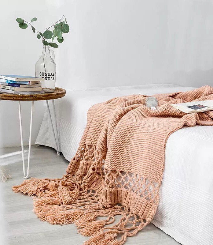 Pink Throw Blanket, Chunky Knit Throw Blanket, Throw Blanket with Tassels, Green, Grey, White, Snug Knit, 50 x 60 Inch