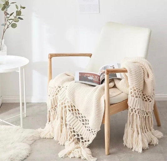 Soft White Throw Blanket, Knit Throw Blanket, Throw Blanket with Tassels, Sage Green, Pink, Grey, Snug Knit, 50 x 60 Inch