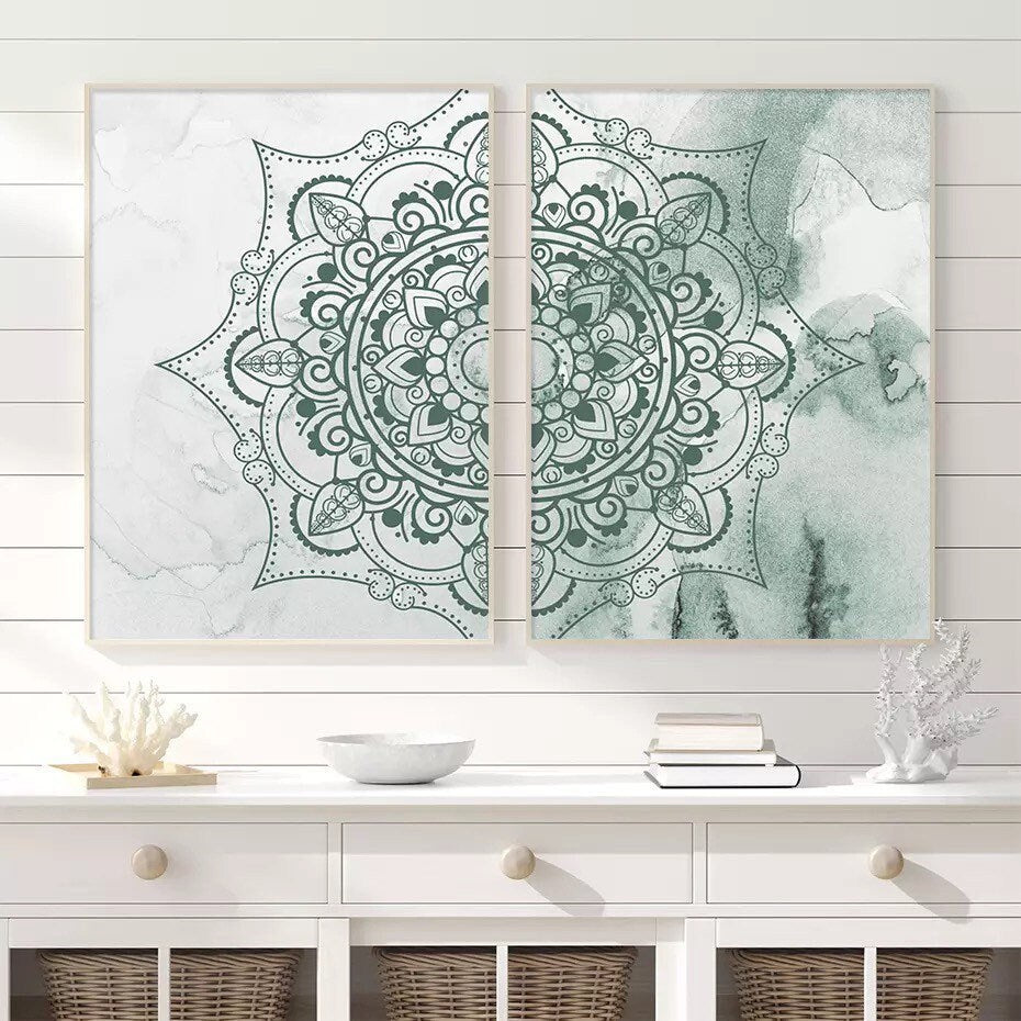 Mandala Wall Art Prints | Zen Wall Art | Mandala Wall Art | Zen Wall Print | 5 Shades | 2-Piece Set | Pink & Grey