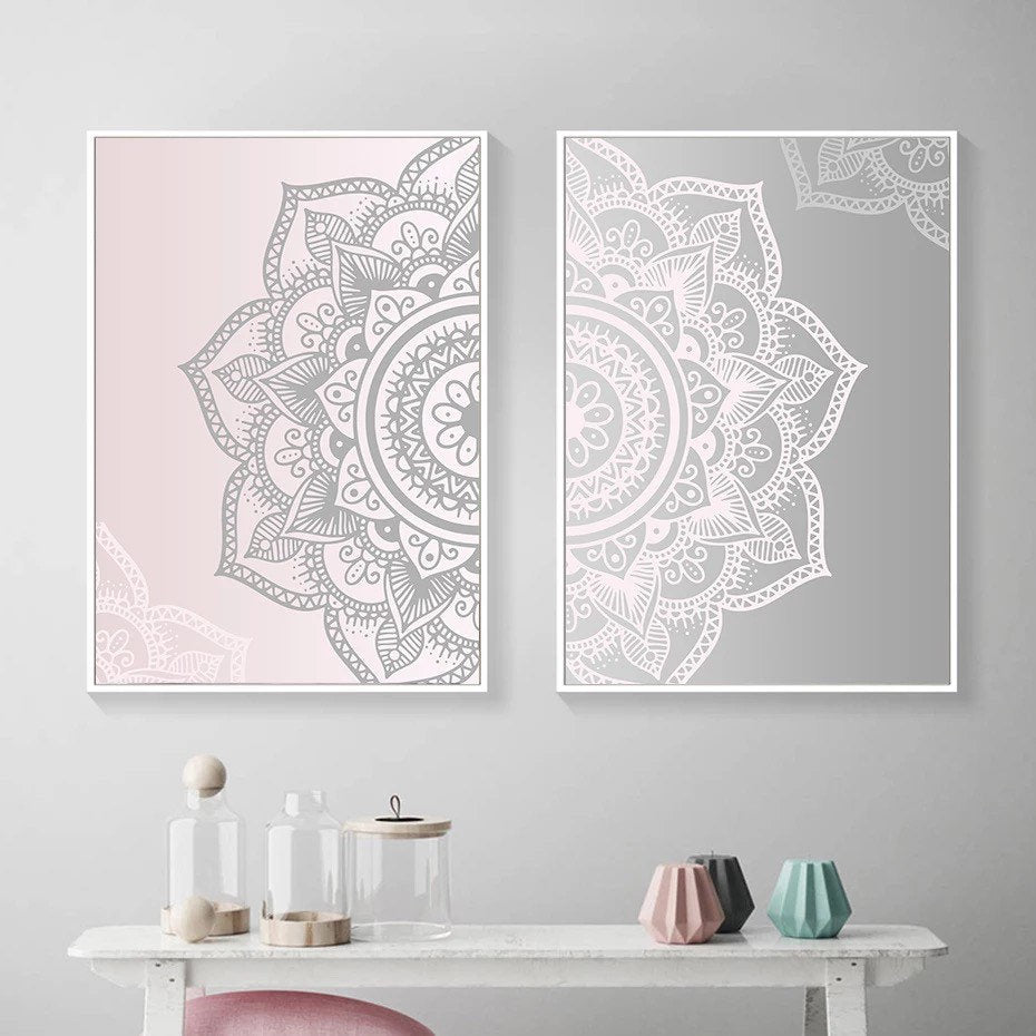 Mandala Wall Art Prints | Zen Wall Art | Mandala Wall Art | Zen Wall Print | 5 Shades | 2-Piece Set | Pink & Grey