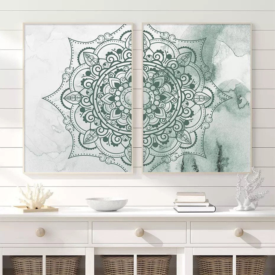 Mandala Wall Art Prints | Zen Wall Art | Mandala Wall Art | Zen Wall Print | 5 Shades | 2-Piece Set | Black & White