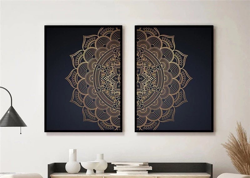 Mandala Wall Art Prints | Zen Wall Art | Mandala Wall Art | Zen Wall Print | 5 Shades | 2-Piece Set | Gold & Black