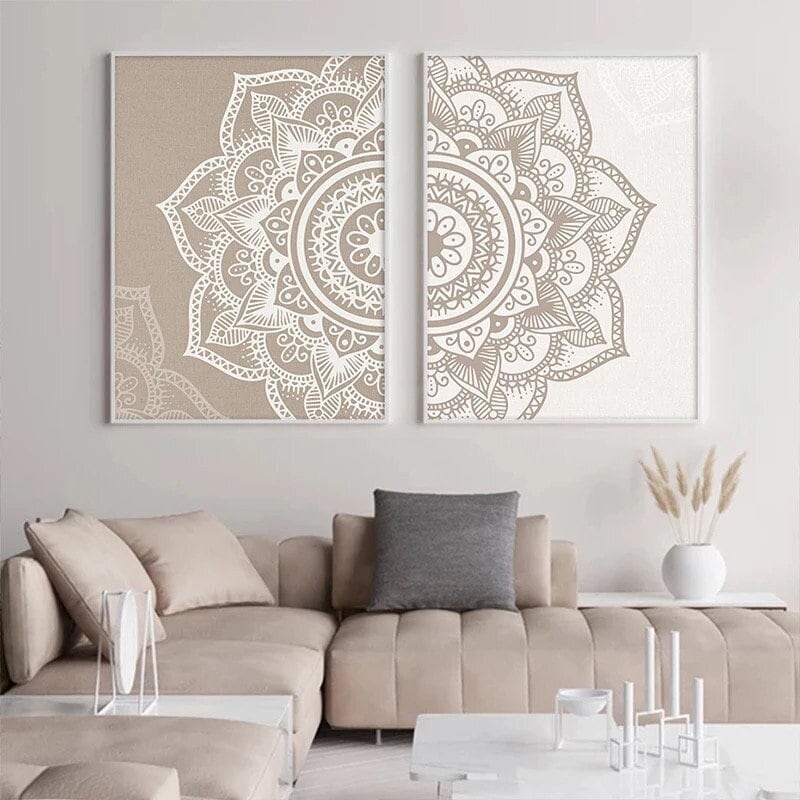 Mandala Wall Art Prints | Zen Wall Art | Wall Decor | Zen Wall Print | 5 Shades | 2-Piece Set | Beige & White