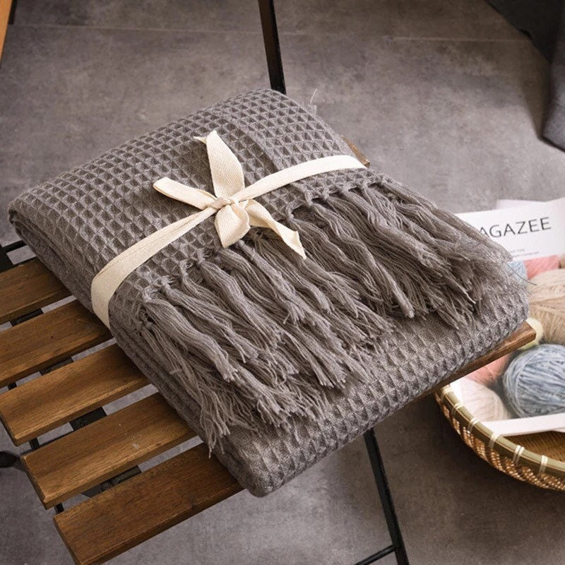 Soft Throw Blanket, Knit Throw Blanket, Throw Blanket with Tassels, Cozy, Soft Knit Throw, Warm Grey, Cool White, 50 x 60 Inches