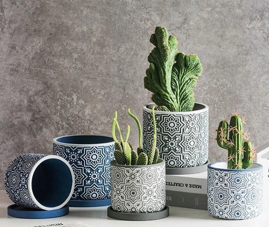 Planter Pot with Drainage | Damask | Succulent Pot | Plant Pots | Indoor Planter | Drainage Tray | Blue | Grey | White | 6 inch | Colorful