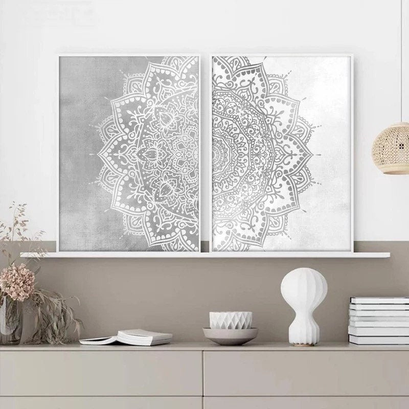 Mandala Wall Art Prints | Zen Wall Art | Mandala Wall Art | Zen Wall Print | 5 Shades | 2-Piece Set | Black & White