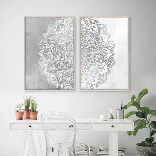 Mandala Wall Art Prints | Zen Wall Art | Mandala Wall Art | Zen Wall Print | 5 Shades | 2-Piece Set | Black & White
