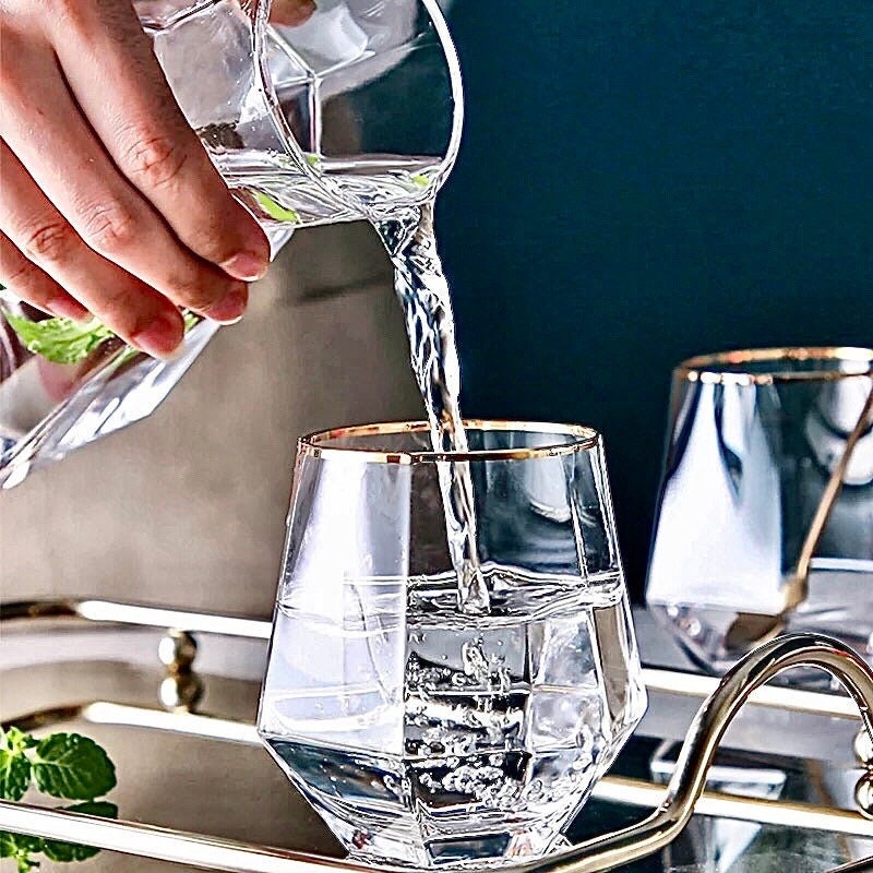 Geometric Hexagonal Water Jug Glass Cup Tray Set Transparent Juice