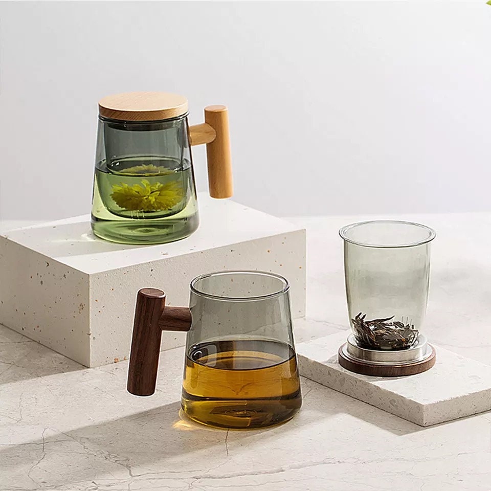 Minimalist Glass Coffee Cup, Glass Coffee Cup, Forest Green Mug, Double Wall Glass Mug, Wood Handle, Borosilicate Glass, Gifts, 430ml