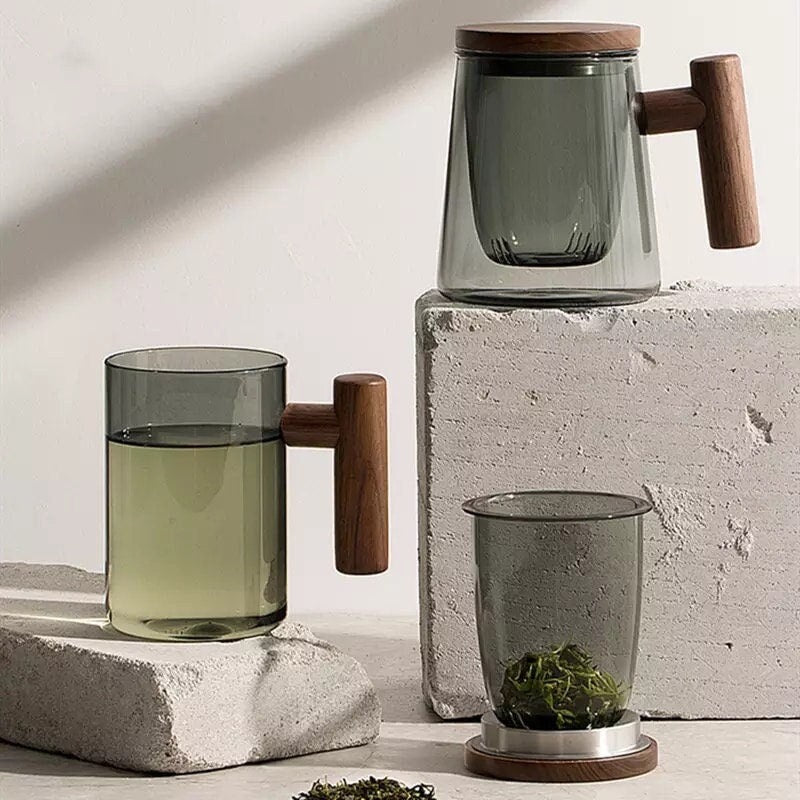 Minimalist Glass Coffee Cup, Glass Coffee Cup, Forest Green Mug, Double Wall Glass Mug, Wood Handle, Borosilicate Glass, Gifts, 430ml