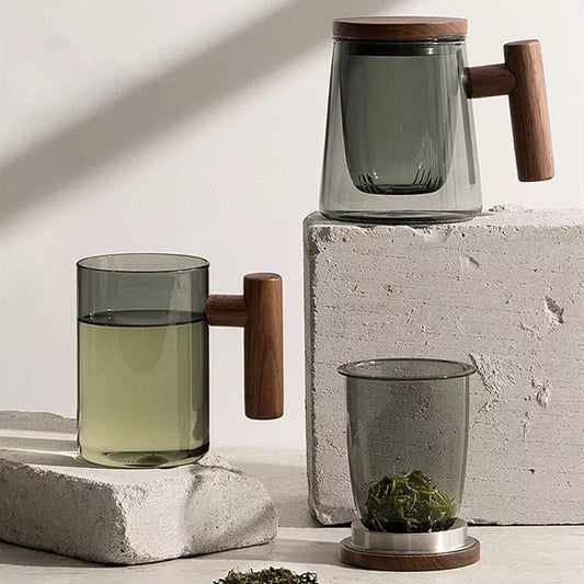 Minimalist Glass Coffee Cup, Glass Coffee Cup, Forest Green Mug, Double Wall Glass Mug, Wood Handle, Borosilicate Glass, Gifts, 430ml