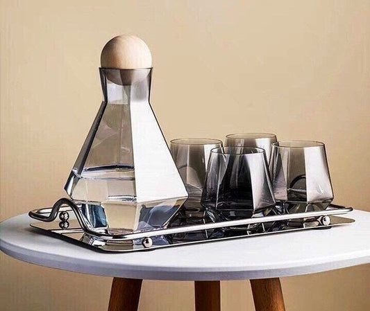 Grey Carafe and Glass Set, Whiskey Decanter Set, Whiskey Glasses, Glass Pitcher, Carafe Tray, Wood Ball Cork Stopper, Gift Set