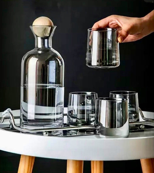 Clear Carafe and Glass Set, Whiskey Decanter, Whiskey Glasses, Bottleneck Pitcher, Carafe Tray, Wood Ball Stopper, Carafe & Glass Set, Gift Set