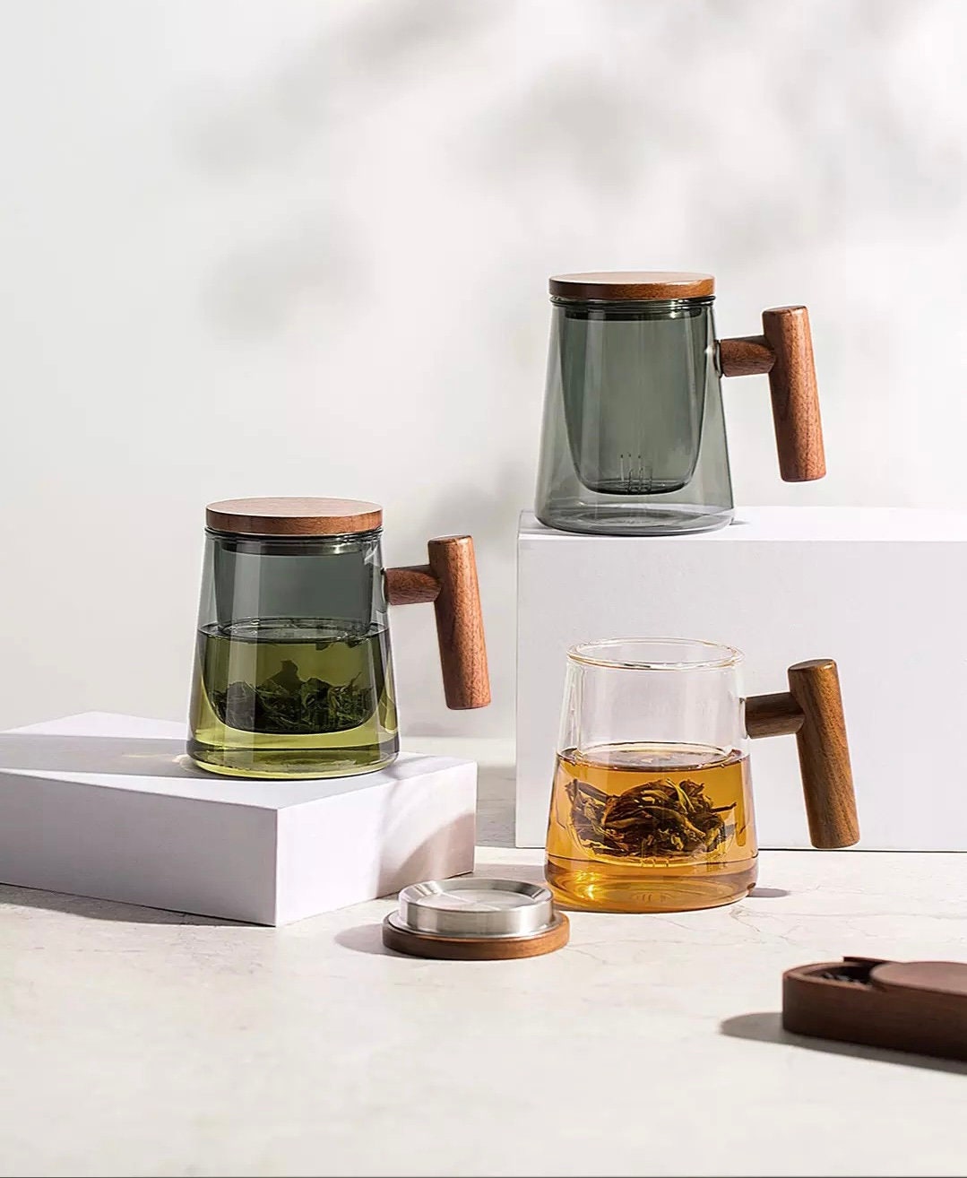 Minimalist Glass Coffee Cup, Glass Coffee Cup, Forest Green Mug, Double Wall Glass Mug, Wood Handle, Borosilicate Glass, Gifts, 430ml