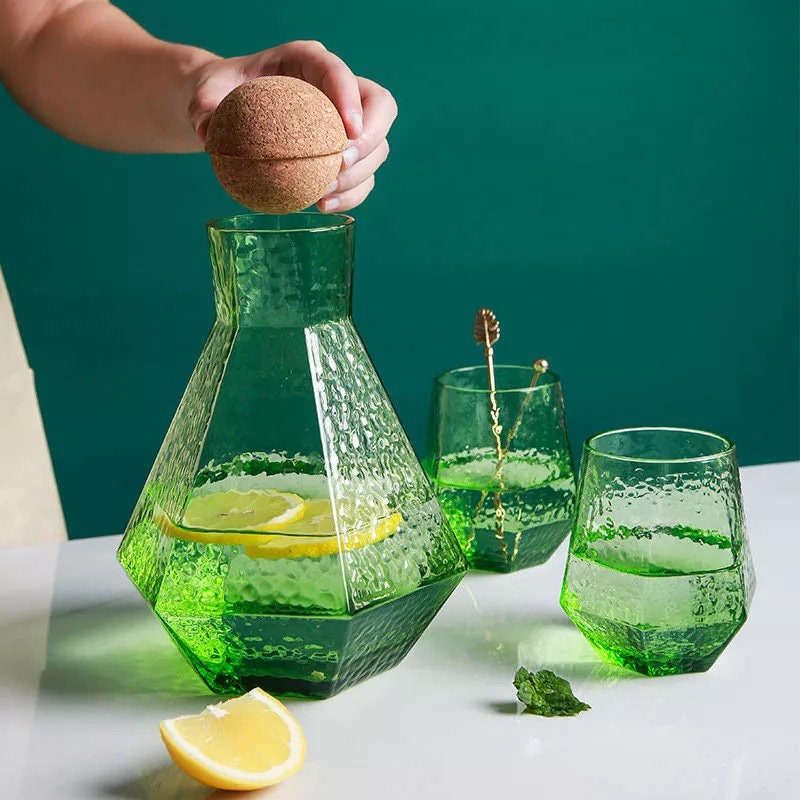 Green Geometric Carafe Set, Glass Decanter, Diamond Glasses, Green Glass Pitcher, Carafe Tray, Ball Cork Stopper, Carafe & Glass Set, Gift Set