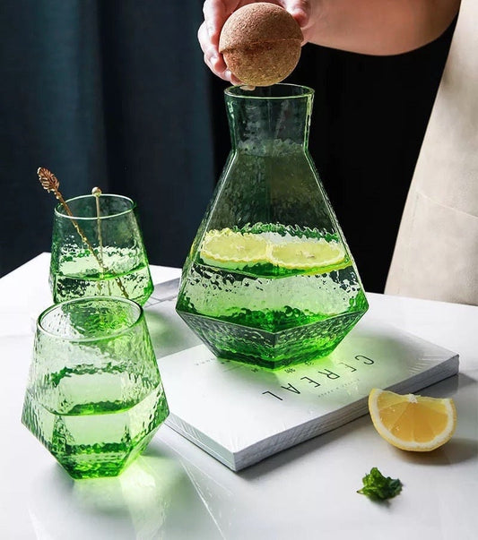 Green Geometric Carafe Set, Glass Decanter, Diamond Glasses, Green Glass Pitcher, Carafe Tray, Ball Cork Stopper, Carafe & Glass Set, Gift Set