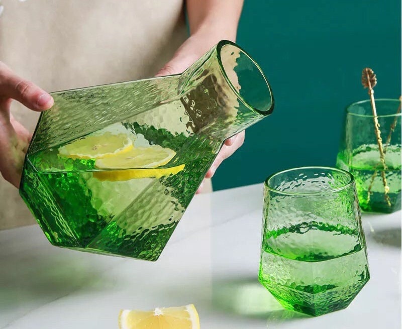 Green Geometric Carafe Set, Glass Decanter, Diamond Glasses, Green Glass Pitcher, Carafe Tray, Ball Cork Stopper, Carafe & Glass Set, Gift Set