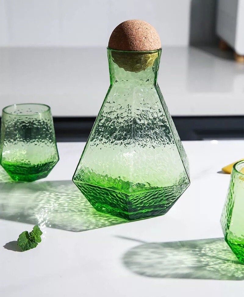 Green Geometric Carafe Set, Glass Decanter, Diamond Glasses, Green Glass Pitcher, Carafe Tray, Ball Cork Stopper, Carafe & Glass Set, Gift Set