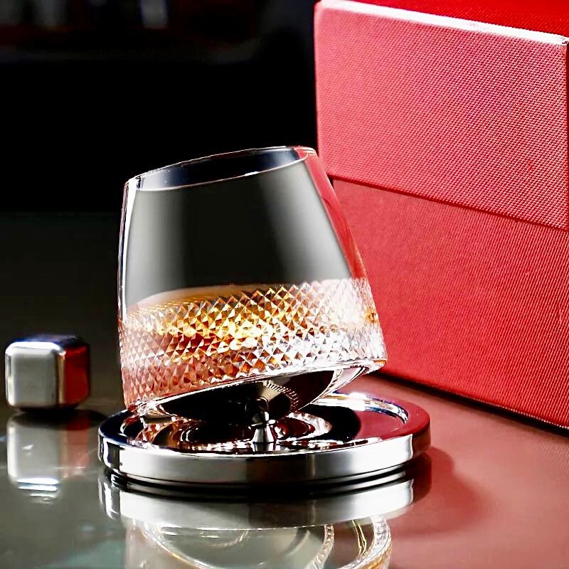 Rotating Whiskey Glass, Whiskey Glass Set with Coaster, Unique Scotch Glass, Minimalist Barware, Wedding Gift, Anniversary Gift, Father’s Day Gift