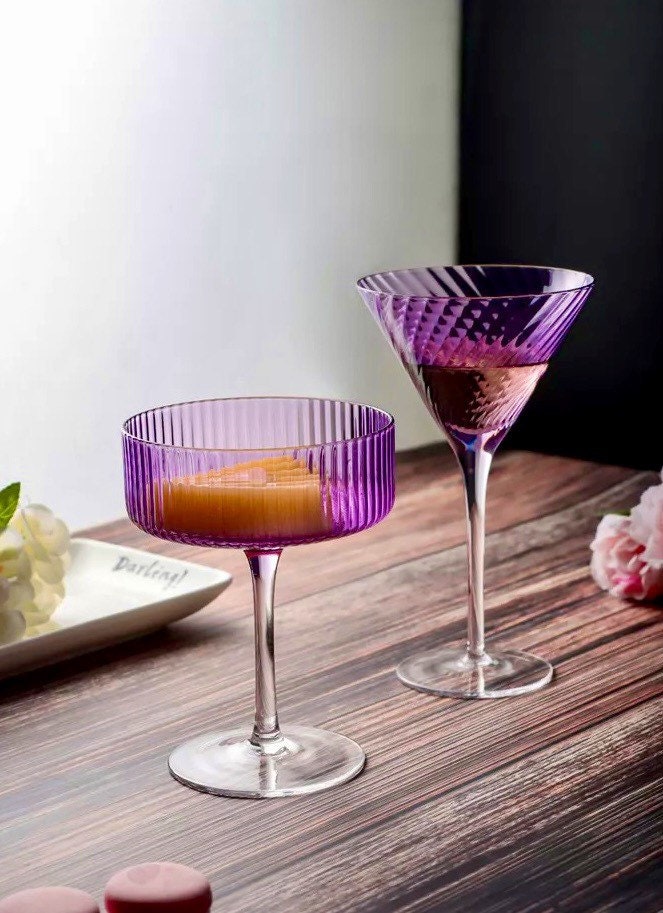 Lavender Wine Glasses, Rippled Coupe Glasses, Martini Glass, Retro Wine Glass, Vintage Wine Glass, Gifts For Her, Wedding