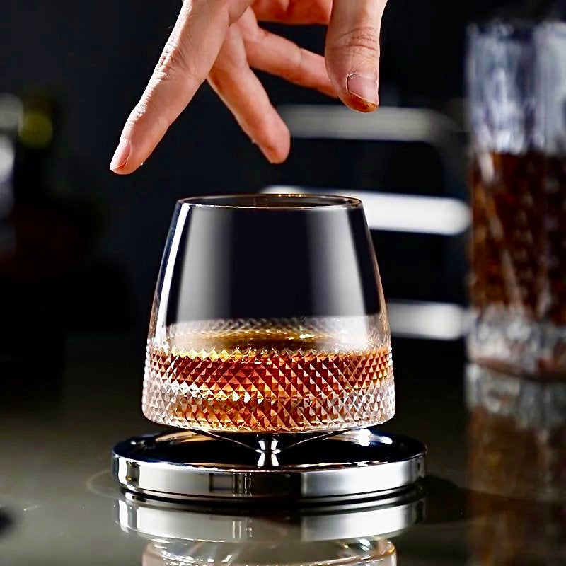 Rotating Whiskey Glass, Whiskey Glass Set with Coaster, Unique Scotch ...