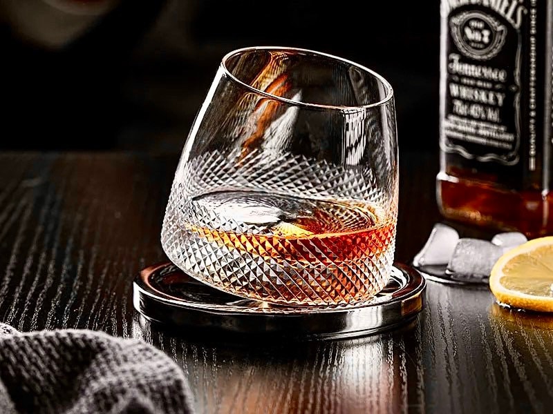 Rotating Whiskey Glass, Whiskey Glass Set with Coaster, Unique Scotch Glass, Minimalist Barware, Wedding Gift, Anniversary Gift, Father’s Day Gift