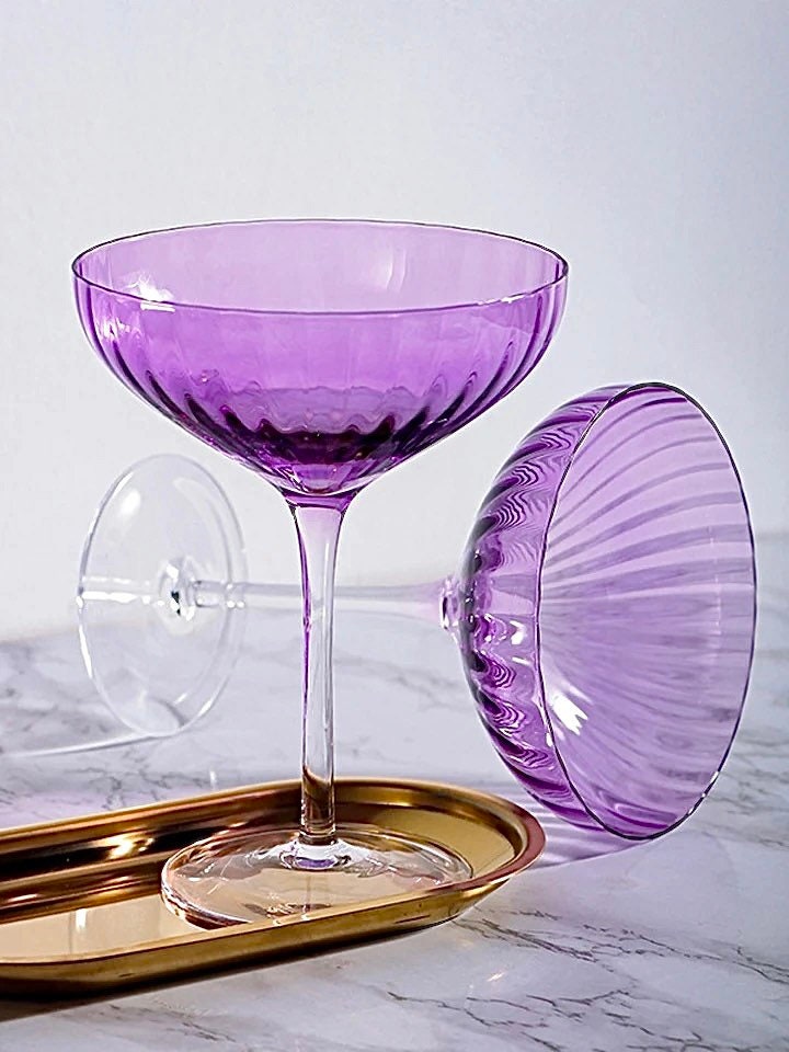 Lavender Wine Glasses, Rippled Coupe Glasses, Martini Glass, Retro Wine Glass, Vintage Wine Glass, Gifts For Her, Wedding