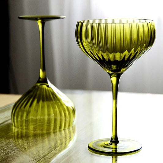 Rippled Coupe Glass, Olive Green Wine Glasses, Retro Style Barware, Vintage Style Wine Glass, Gifts For Her, Wedding, Anniversary